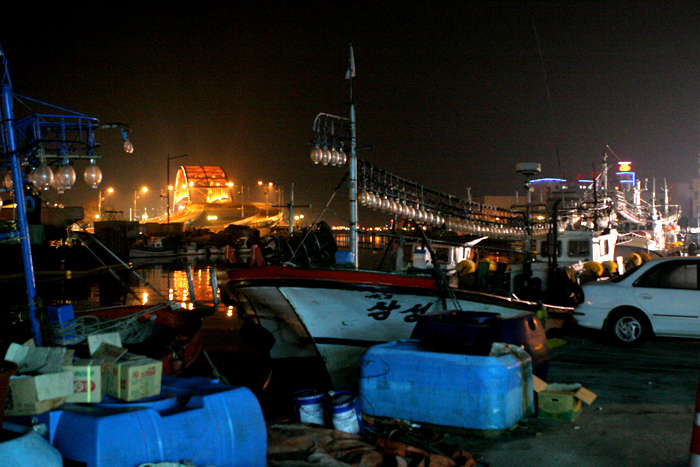 Squid boat by the bridge in Sokcho