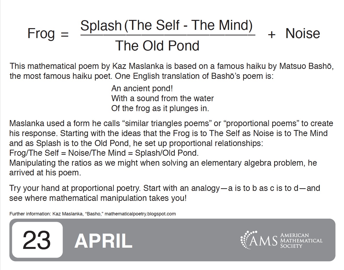 The April 23 page of the American Mathematical Society Page a Day Calendar, carrying Kaz Maslanka's Basho poem and an explanation of the proportional poem form
