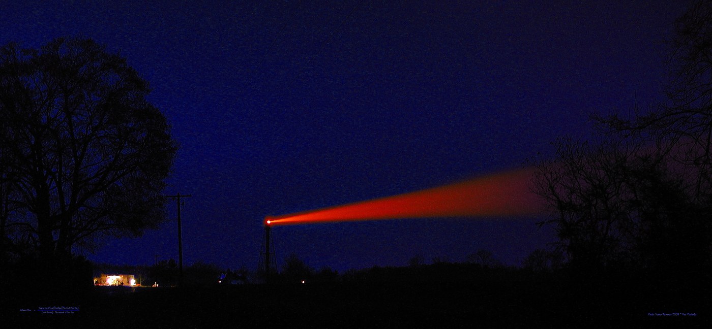 Cedar Swamp Romance — a red beam of light crossing a deep blue night sky above silhouetted trees, with the equation set small in the lower left corner