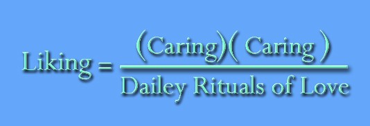 Liking equals Caring times Caring over Dailey Rituals of Love, in green lettering on a blue field