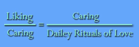 Liking over Caring equals Caring over Dailey Rituals of Love, in green lettering on a blue field