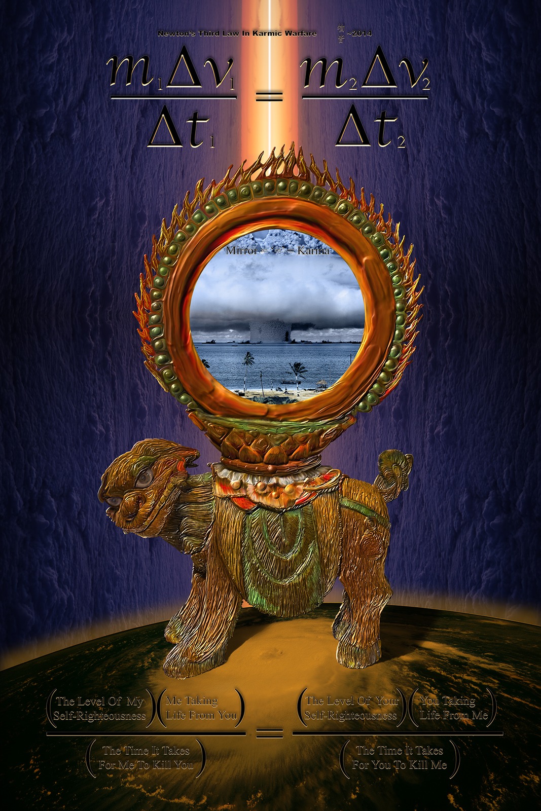 Newton's Third Law in Karmic Warfare — a Joseon dynasty Korean karma mirror, a flaming ring carried on the back of a lion, holding the Bikini Atoll atomic test in its glass, standing on the curve of the earth beneath two equal force equations