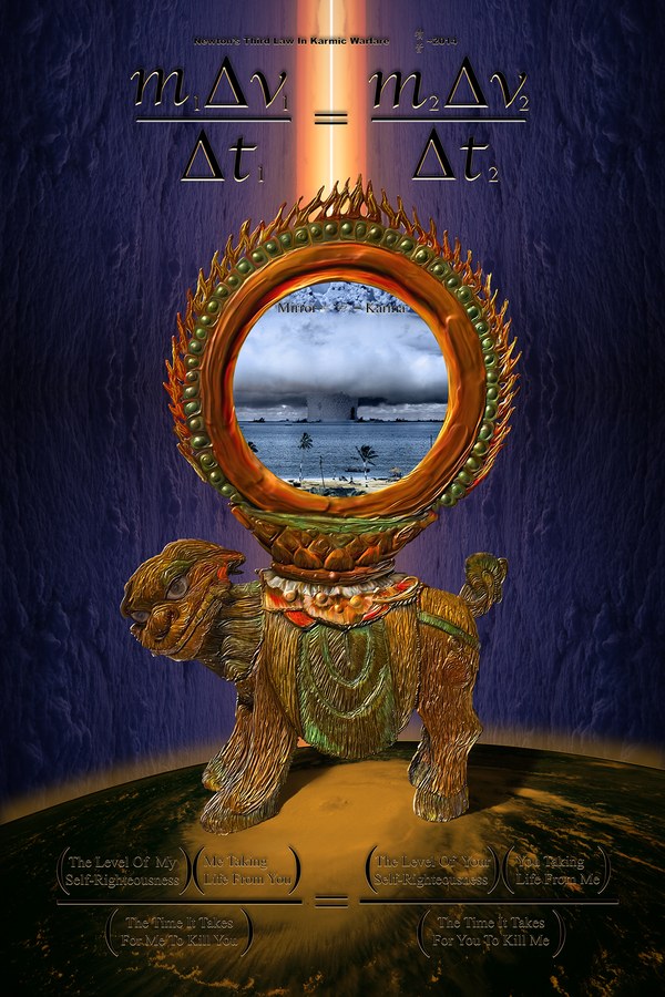Newton's Third Law in Karmic Warfare — a Korean karma mirror carried on the back of a lion, holding the Bikini Atoll test in its glass