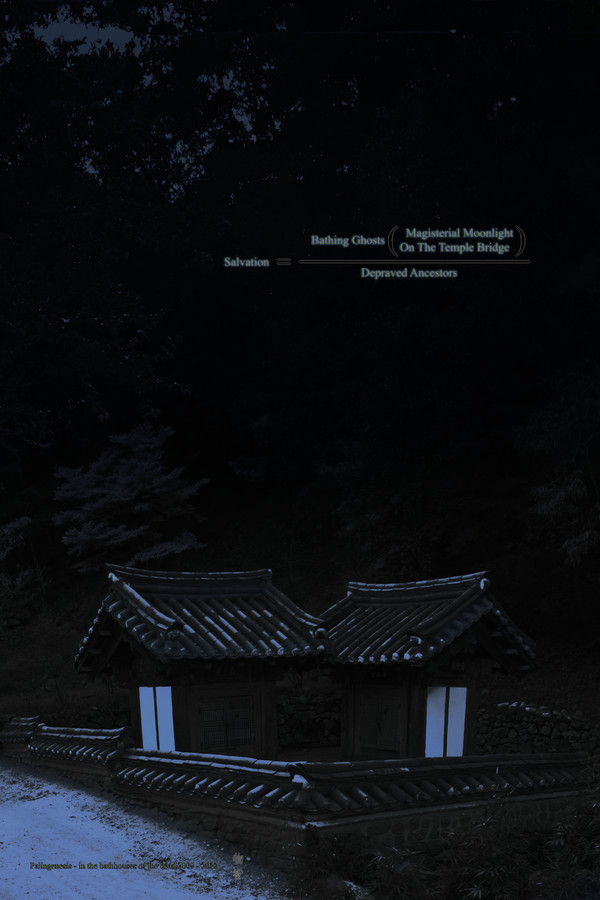 Palingenesis &mdash; In The Bath Houses Of The Dead, a Korean temple bathhouse at night beneath the equation