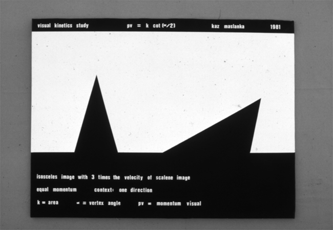 Figure 8. Equal Momentum Study of Isosceles and Scalene Images with Three Times Difference in Velocity (1981; oil on canvas, 36″ × 48″). The isosceles figure at left carries three times the velocity of the scalene figure at right; the two carry equal visual momentum.