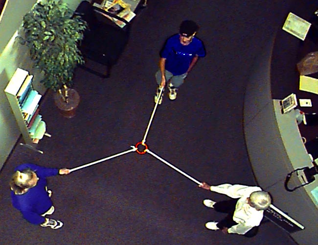 Figure 13. Three people pull ropes tied to a central ring. The ring moves not toward any single puller but in the direction of the vector sum — the resultant of the three forces.