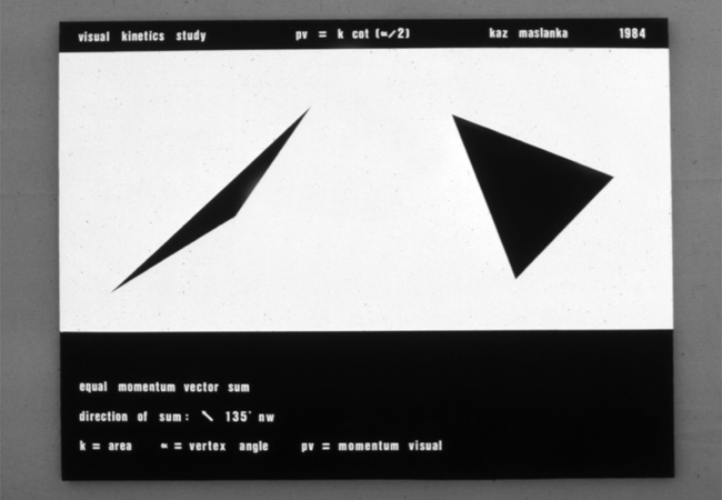 Figure 14. Equal Momentum Vector Sums (1984; oil on canvas, 36″ × 48″). Both figures resolve to the same visual-momentum resultant, directed 135° to the northwest, despite their contrary appearances.