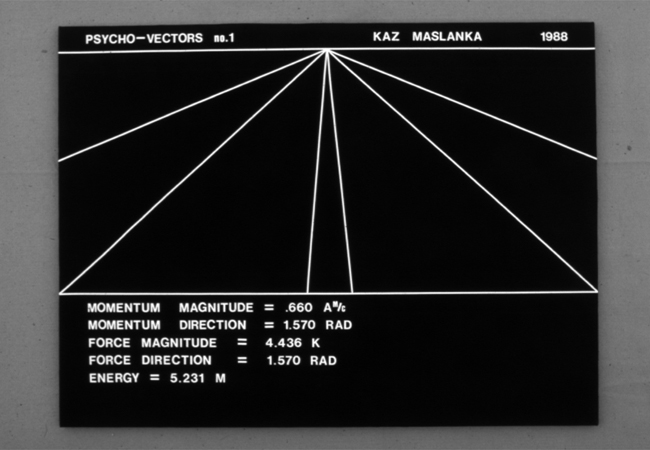 Figure 17. Psycho-Vectors no. 1 (1988; oil on canvas, 36″ × 48″). A symmetric fan of forms; the resultant momentum and force are directed at 1.570 radians — essentially π/2, straight upward — as the inscribed values confirm.