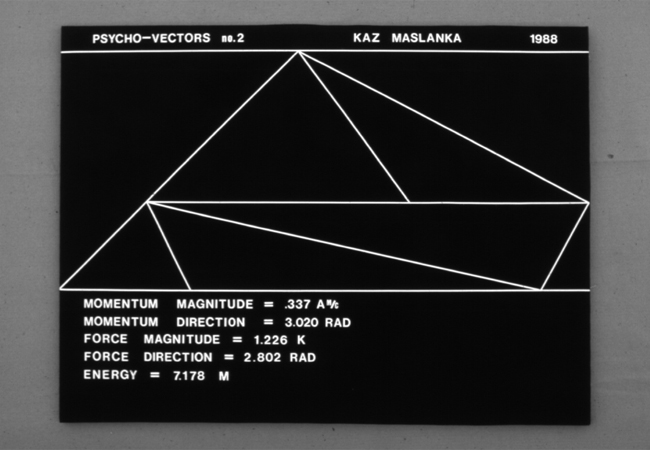 Figure 18. Psycho-Vectors no. 2 (1988; oil on canvas, 36″ × 48″). An asymmetric field whose summed momentum and force point up and to the left, with the resultant magnitudes and directions inscribed below.