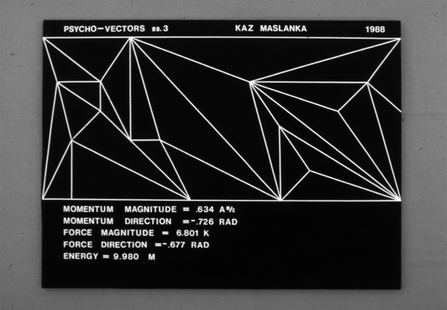 Psycho-Vectors no. 3, 1988: a dense field of white triangles on black, with resultant momentum, force and energy inscribed below