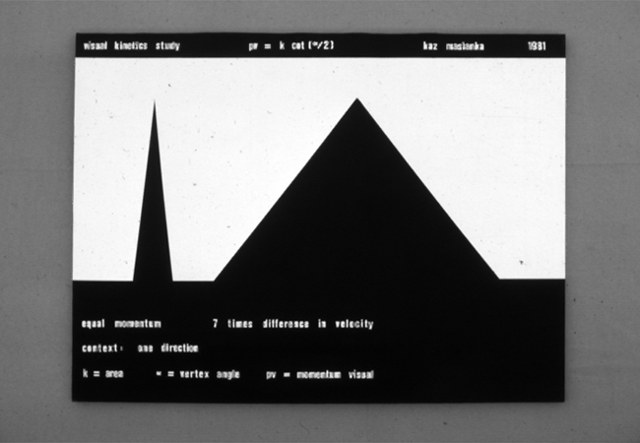 Equal Momentum Study of Isosceles Images with Seven Times Difference in Velocity, 1981 — a narrow black spire and a broad black triangle on white