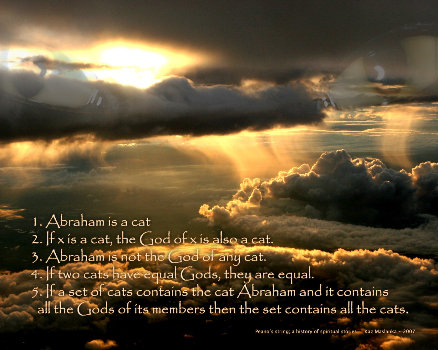 Peano's String — five axioms in gold lettering over a sunset photographed above the clouds