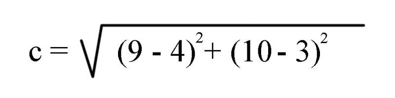 The Pythagorean theorem with the values five and seven substituted